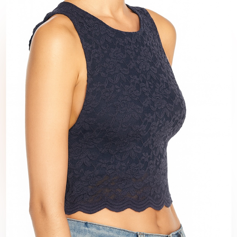 Intimately Free People Lace Crop Tank Top S Navy Floral Scalloped Keyhole Back - Picture 5 of 7